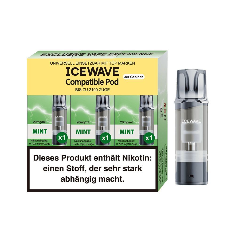 Icewave Pods - Mint 20mg Packung Icewave Pods Mint 20mg mit drei Pods, kompatibel für 2100 Züge, grün-weiße Verpackung mit Nikotinwarnhinweis.