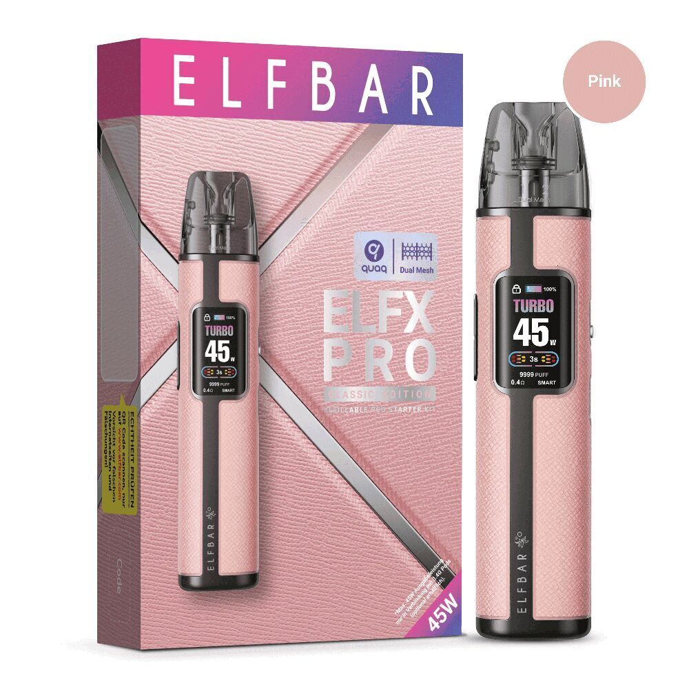 Elfbar Elfx Pro Pod Kit - Pink Elfbar Elfx Pro Pod Kit in Pink mit digitalem Display zeigt 45W Leistung, Verpackung zeigt Logo und Produktname auf rosa Hintergrund.