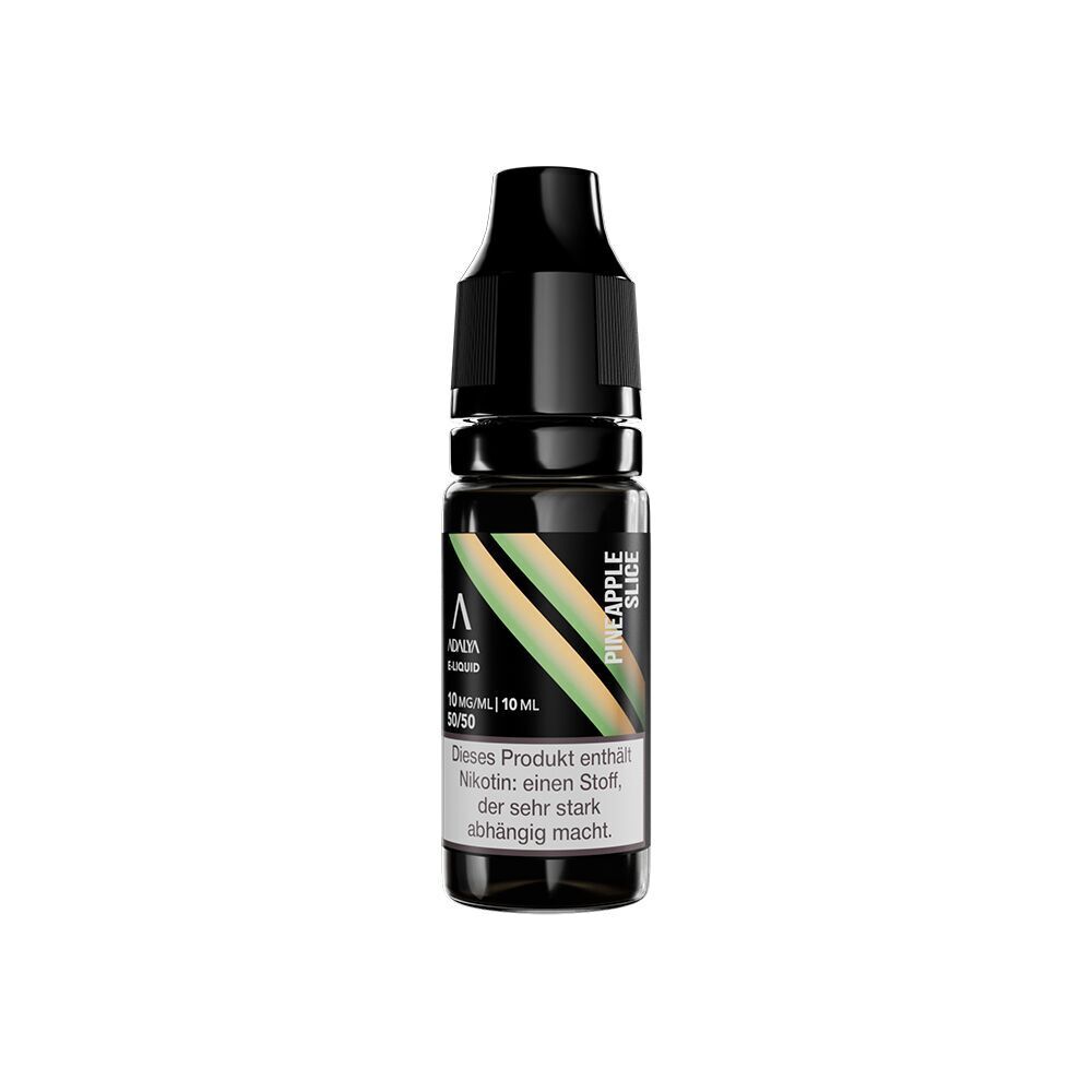 Liquid Pineapple Slice 10mg - Adalya Nikotinsalz Adalya Nikotinsalz Pineapple Slice 10mg Flasche mit schwarzem Deckel, Etikett mit Farbverlauf und Warnhinweis bezüglich Nikotinsucht.