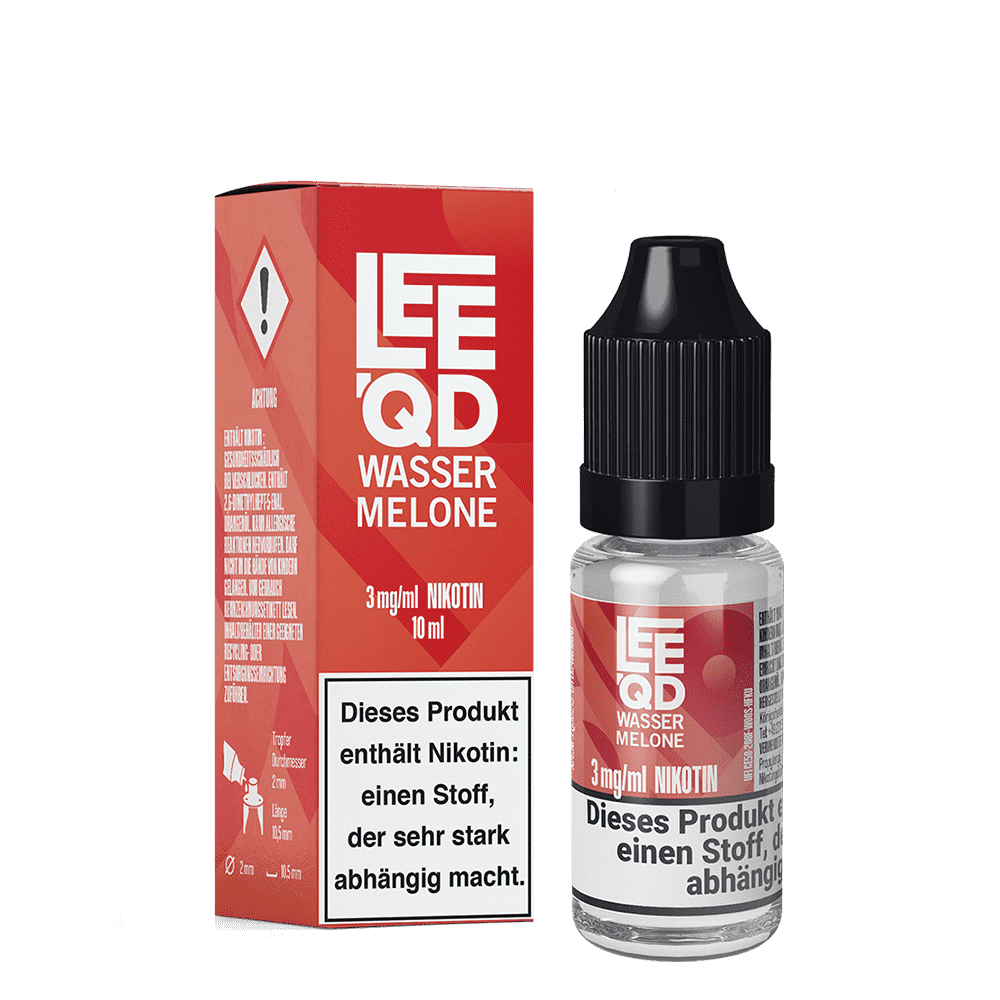 Liquid Fruit Wassermelone 3mg - Leeqd E-Liquid-Packung und Flasche mit der Aufschrift "Leeqd Liquid Wassermelone 3 mg/ml", Warnhinweis "Enthält Nikotin: sehr stark abhängig machend"