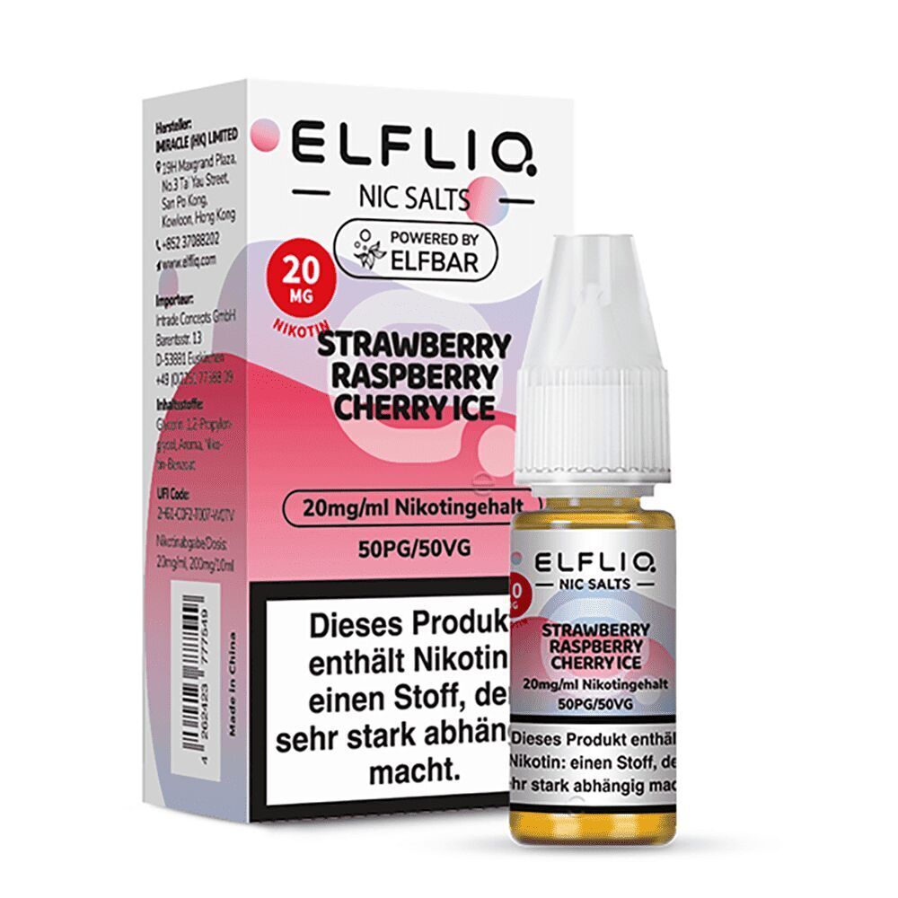 Elfliq Nikotinsalz - Strawberry Raspberry Cherry Ice 20mg Elfliq Nikotinsalz-Flasche und Verpackung mit der Geschmacksrichtung Strawberry Raspberry Cherry Ice, 20mg Nikotingehalt sichtbar