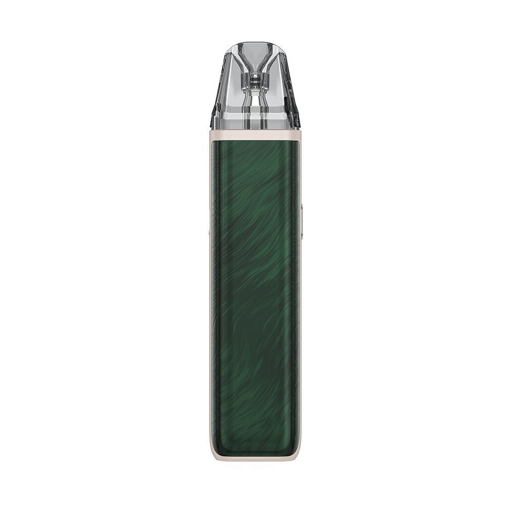 Oxva Xlim Pro 2 Pod Kit in Jungle Green, rechteckiges, tragbares Gerät mit transparentem Mundstück und smaragdgrüner, wellenförmiger Oberfläche