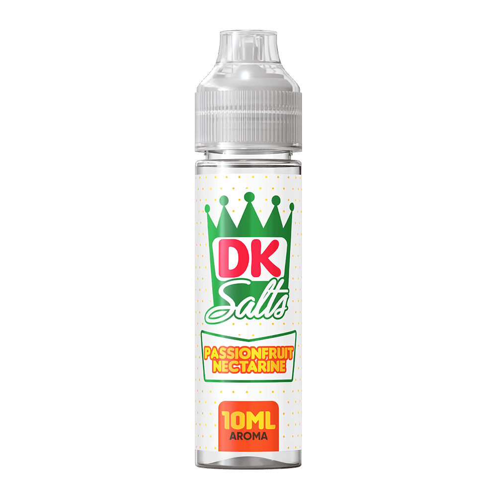 DK306 Flasche DK Salts Aroma mit grünem Kronenlogo, Beschriftung "Passionfruit Nectarine", Aufschrift "10ML Aroma" auf orangefarbenem Hintergrund.