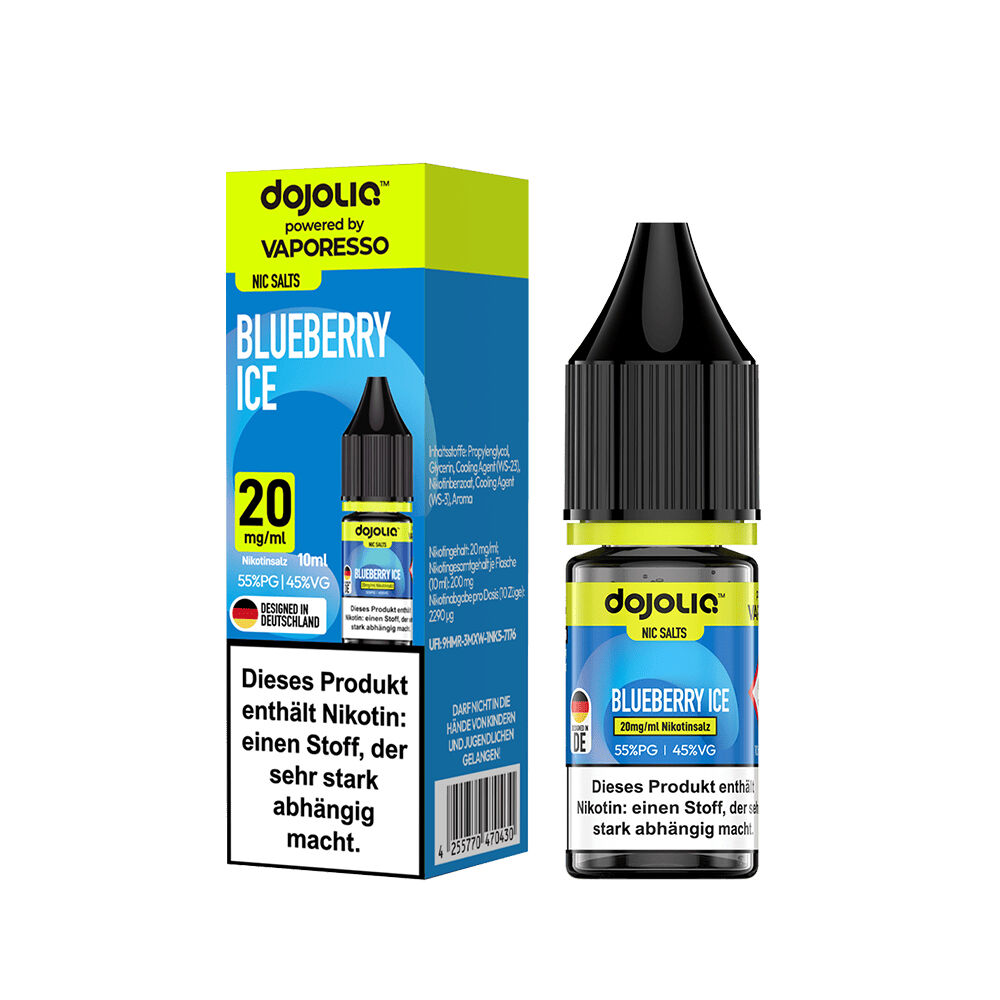 Vaporesso Dojoliq Nikotinsalz - Blueberry Ice Vaporesso Dojoliq Blueberry Ice Nikotinsalzflasche und Verpackung, 20 mg/ml, mit Warnhinweisen und blauer Gestaltung.