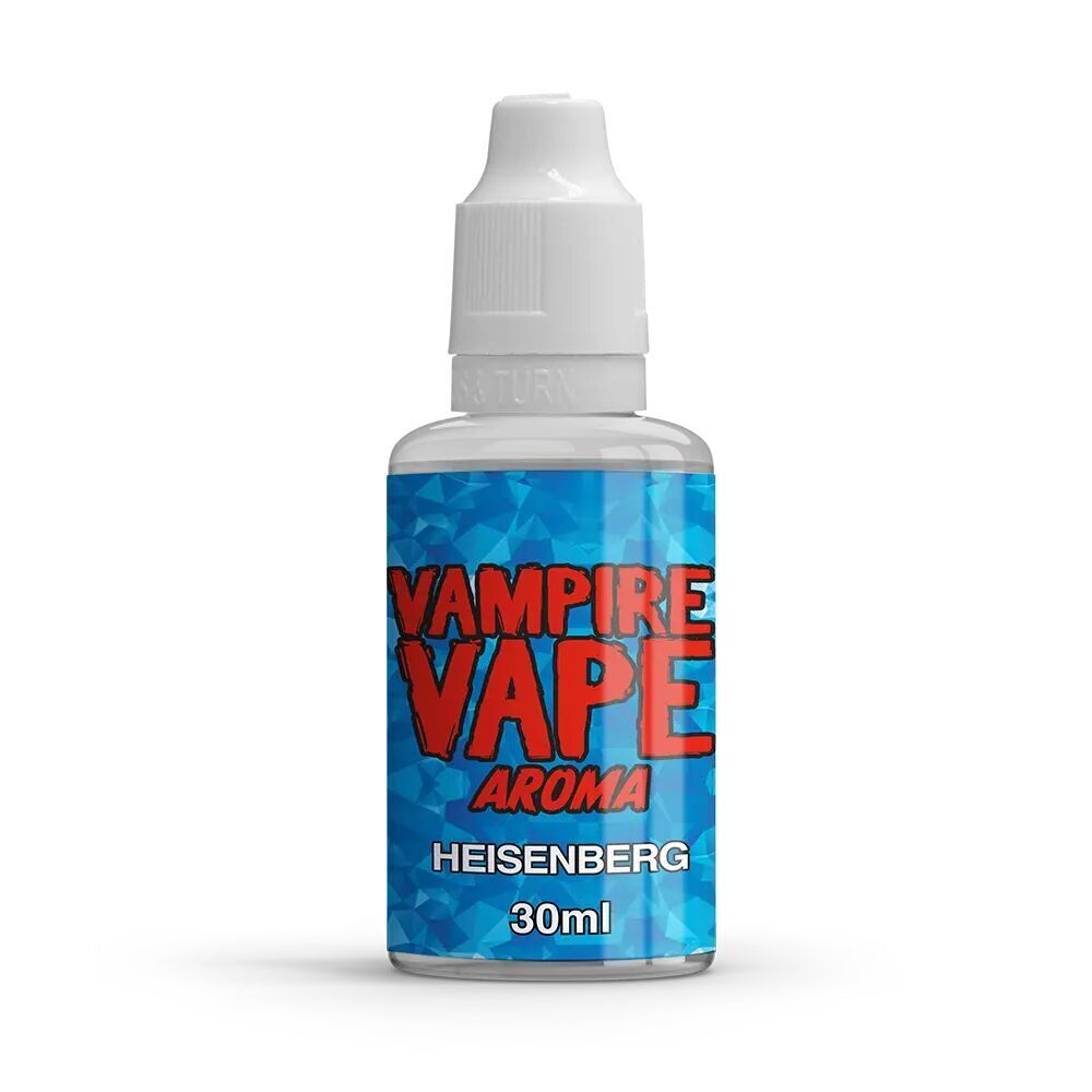 Aroma Heisenberg 30ml - Vampire Vape Flasche mit blauem Etikett, darauf "Vampire Vape Aroma" in Rot und "Heisenberg 30ml" in Weiß.