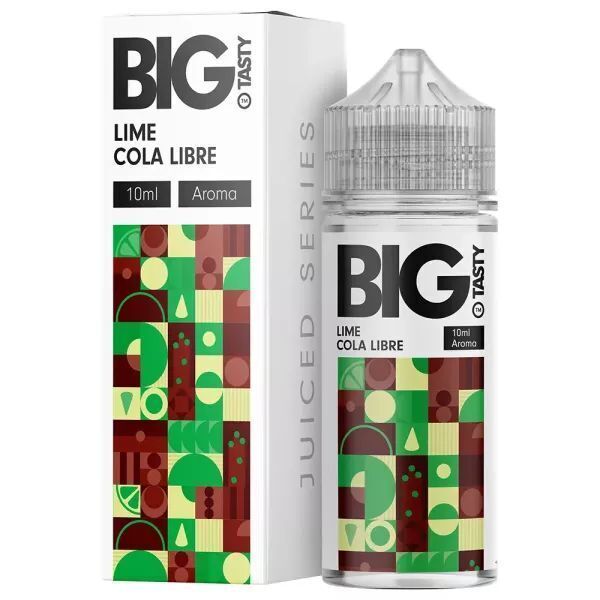 Aroma Lime Cola Libre von Big Tasty Flasche und Verpackung des Big Tasty Lime Cola Libre Aromas, 10ml, mit buntem geometrischem Muster, Branding prominent sichtbar