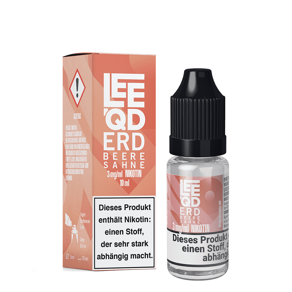 Liquid Crazy Erdbeere Sahne 3mg - Leeqd E-Liquid-Flasche und Packung mit der Aufschrift "LEEQD Erdbeere Sahne 3mg/ml Nikotin", orangefarbenes Design, Warnhinweis auf Nikotin.