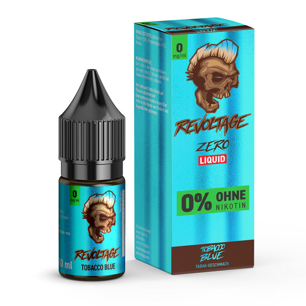 Blaues Etikett einer Revoltage Zero Liquid Flasche mit Totenkopf und Text "0% ohne Nikotin"; Tabakgeschmack, 10 ml Flasche.