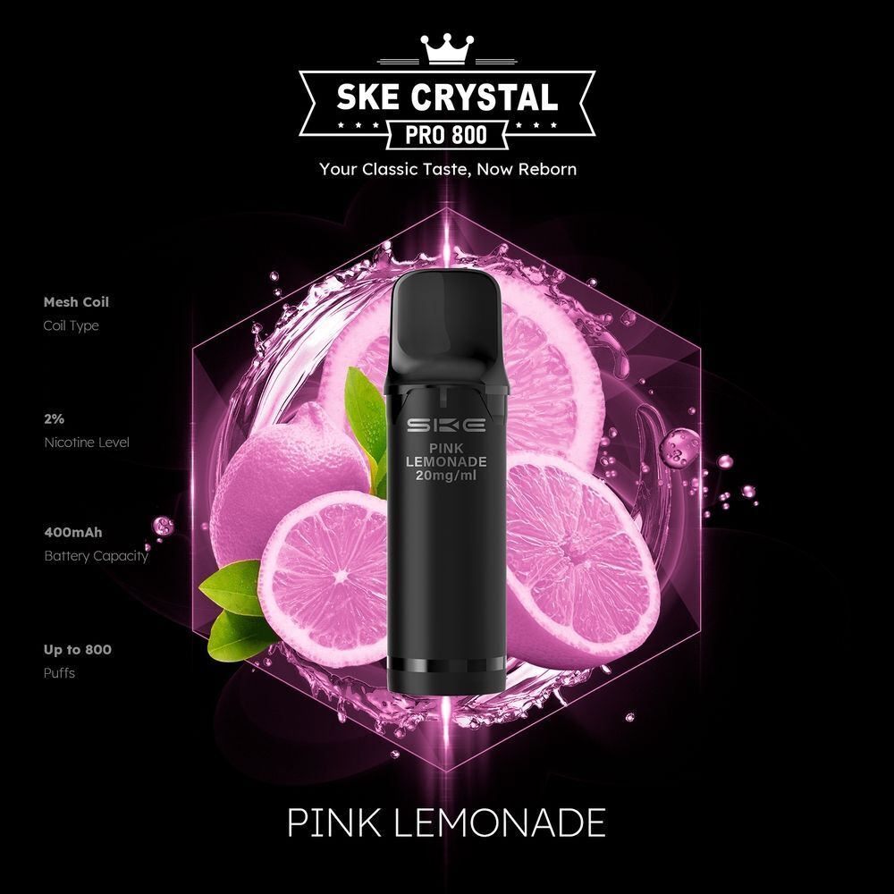 SKE Crystal 800 Pro Pods - Pink Lemonade SKE Crystal Pro Pods in Pink Lemonade 20mg mit Abbildung von Zitronenscheiben, angemerkt 2% Nikotin, 400mAh Akku, bis zu 800 Züge.