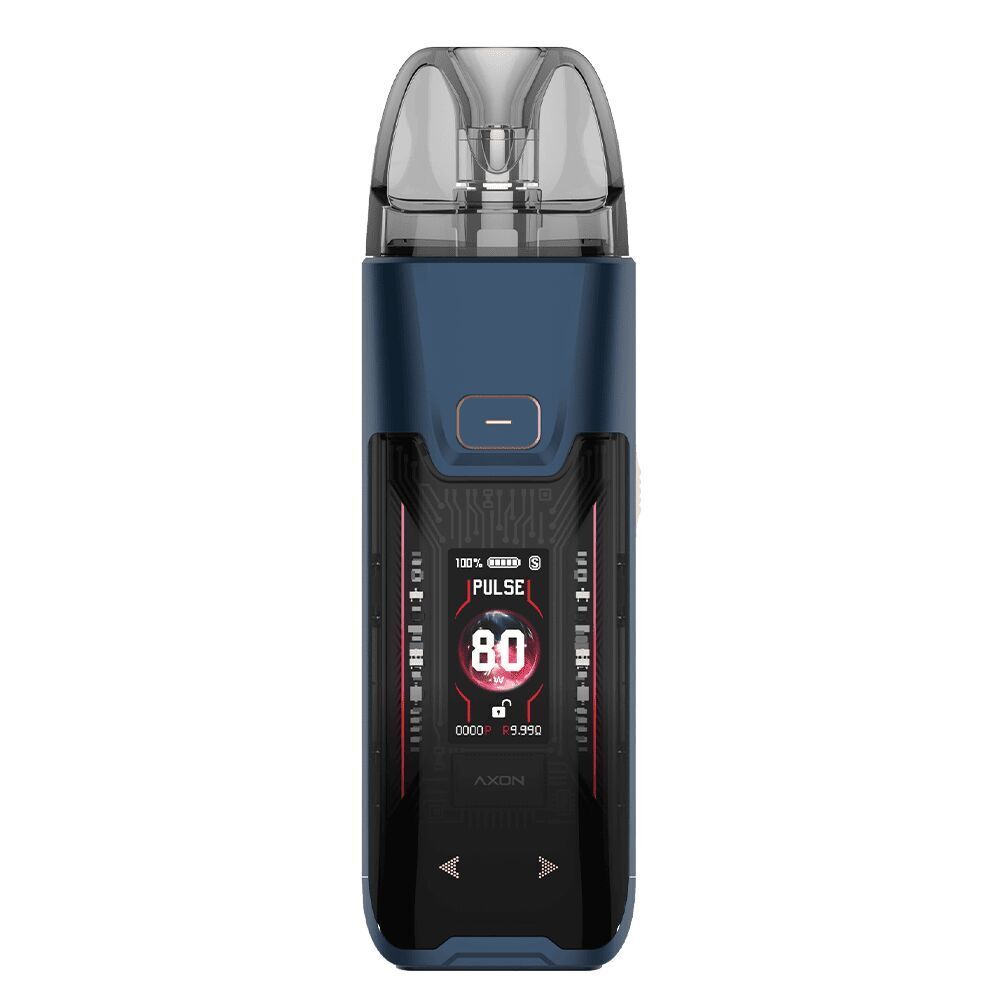 Vaporesso Luxe XR Max 2 Pod Kit - Storm Blue Vaporesso Luxe XR Max 2 Pod Kit in Blau mit durchsichtigem Mundstück und digitalem Display, Anzeige „PULSE“ und rote Akzente.