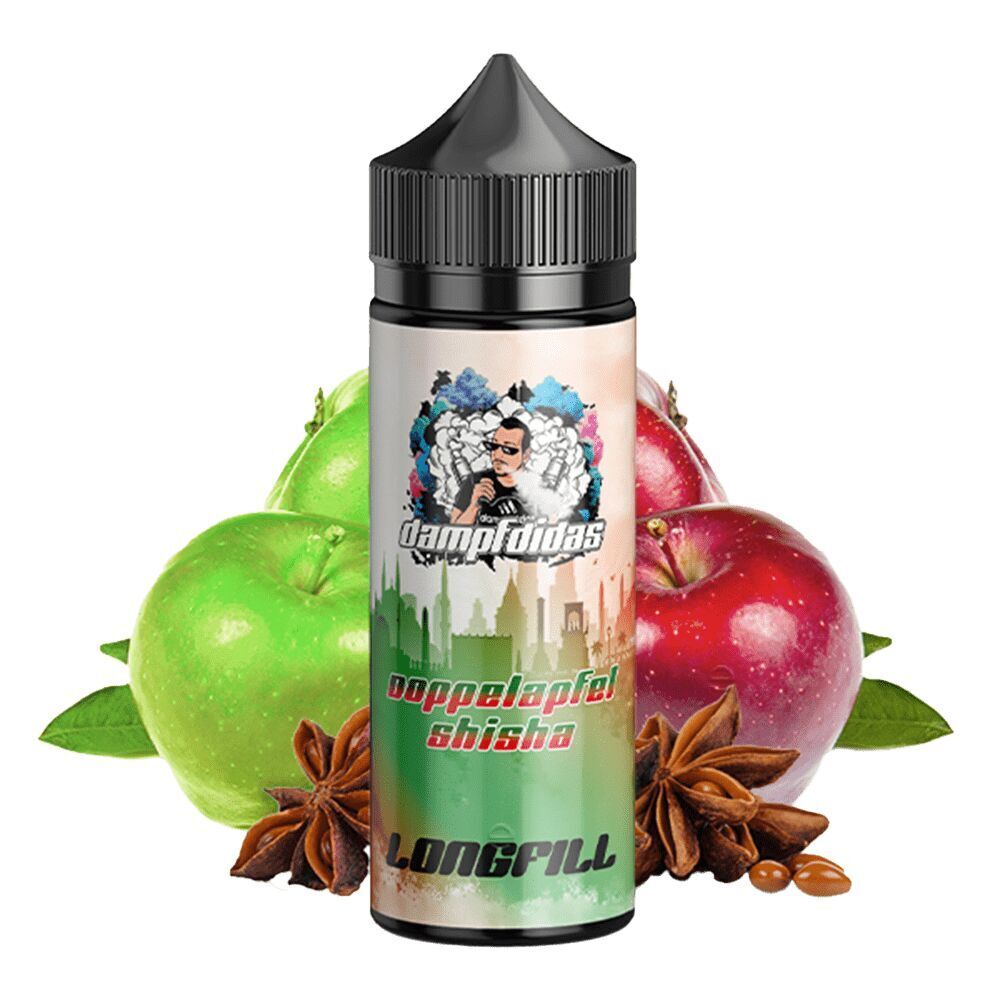 Aroma Doppelapfel Shisha von Dampfdidas Flasche Dampfdidas Aroma Doppelapfel Shisha vor grünem und rotem Apfel, Anis und Stadtmotiv.