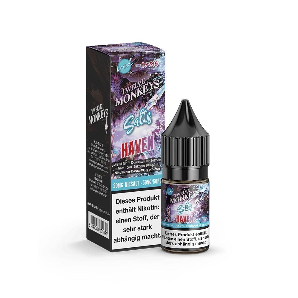 Liquid Haven 20mg - Twelve Monkeys E-Liquid-Flasche und Verpackung von Twelve Monkeys Nikotinsalz Haven 20mg, mit auffälliger Grafik und Warnhinweis zur Nikotinabhängigkeit.