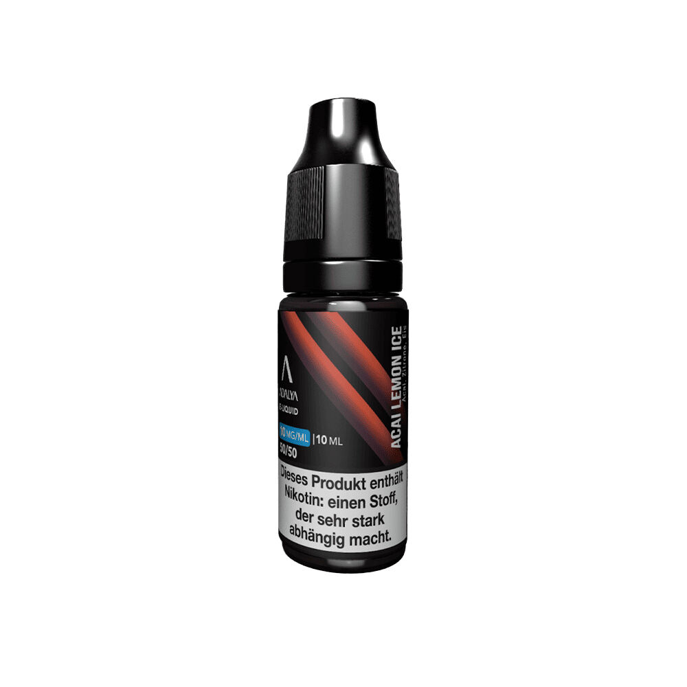 Adalya Nikotinsalz - Acai Lemon Flasche eines Nikotinsalz-Liquids, Adalya Acai Lemon Ice, mit Warnhinweis zu Nikotinabhängigkeit, Verpackungsdesign in Schwarz und Rot.
