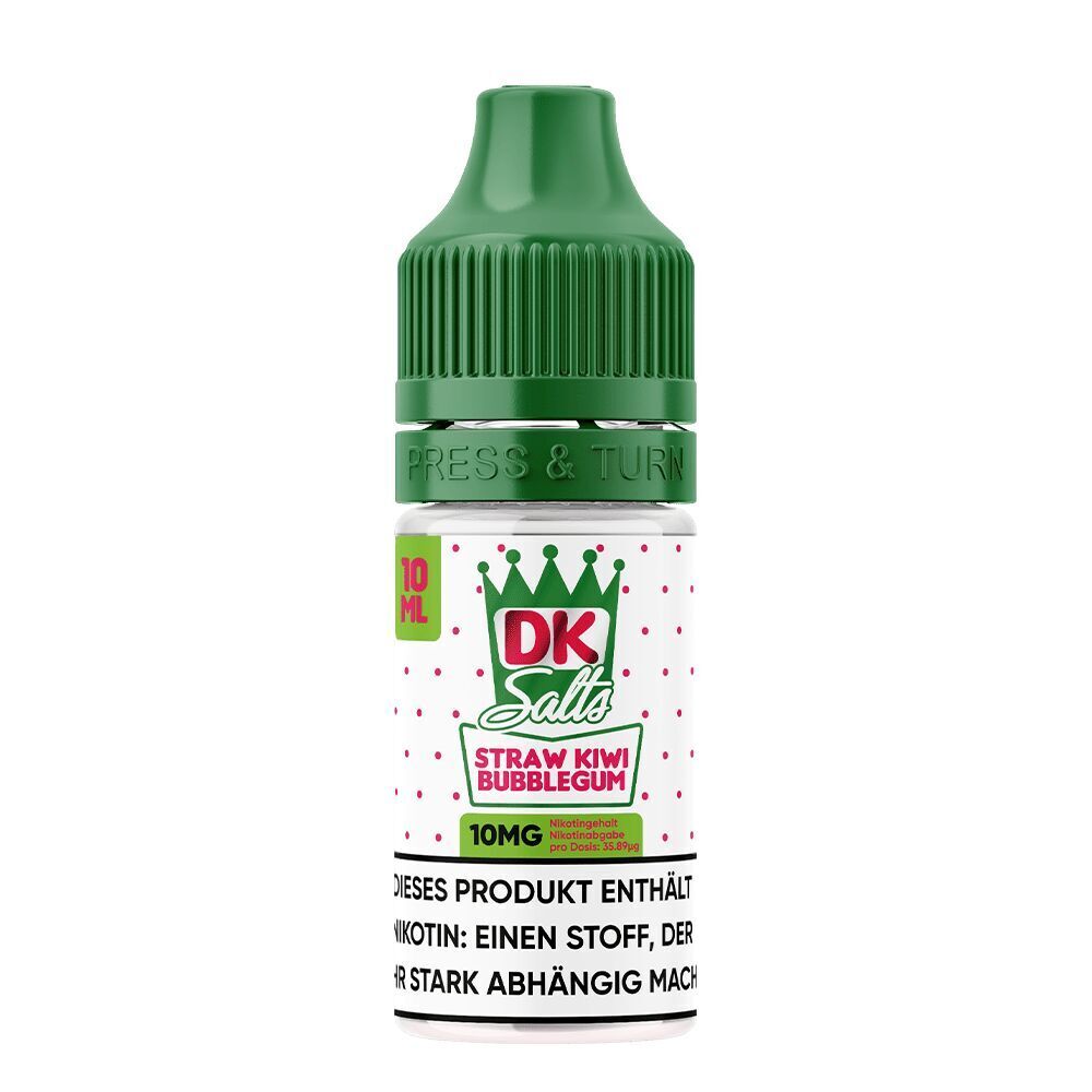 Liquid Straw Kiwi Bubblegum 10mg - DK Salts E-Liquid-Flasche DK Salts mit grünem Deckel, Straw Kiwi Bubblegum-Design, 10 ml, 10 mg Nikotinstärke, pink-rote Punkte auf Etikett.