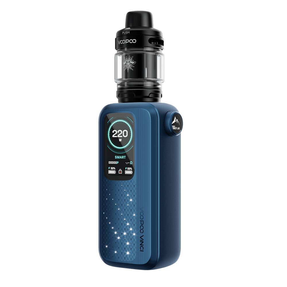 Voopoo Vinci Spark 220 Box Kit - Space Blue Voopoo Vinci Spark 220 Box Kit in Space Blue mit großem Display und Tank, zeigt 220W, Smart-Modus, Details und Markenlogo.