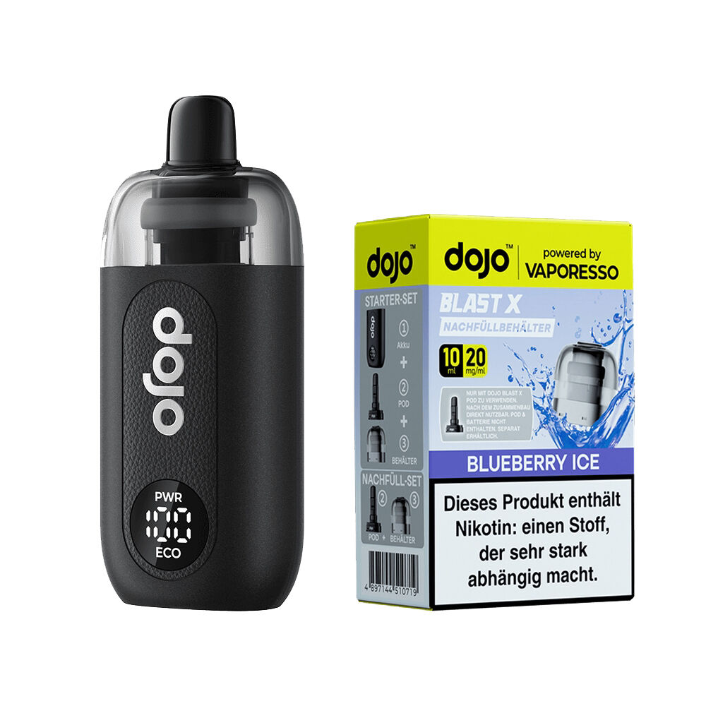 Vaporesso Dojo Blast X Set - Blueberry Ice 20mg Vaporesso Dojo Blast X Set mit blauer Verpackung, schwarzem Gerät und Aufschrift Blueberry Ice 20mg Nikotinwarnung sichtbar