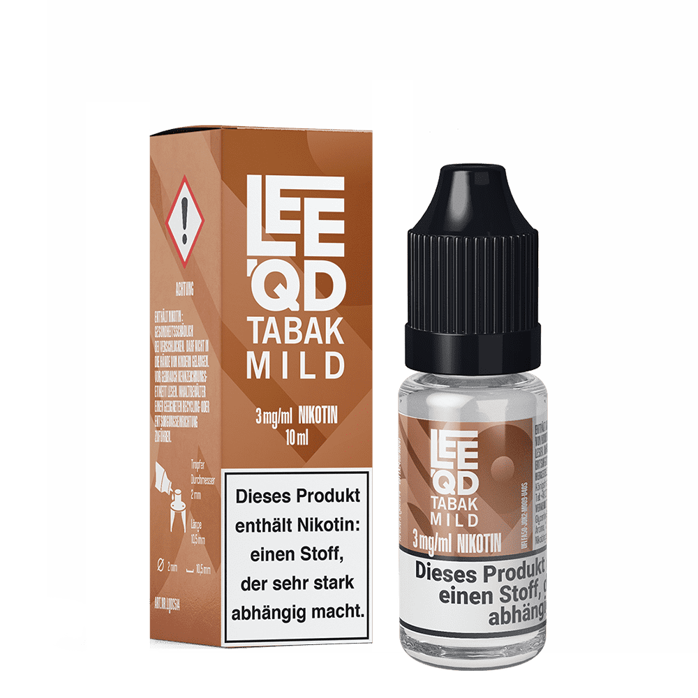 Leeqd Liquid Tabak mild Flasche und Box, 3mg Nikotin, mit Warnhinweis auf Abhängigkeit und Gefahrensymbol.