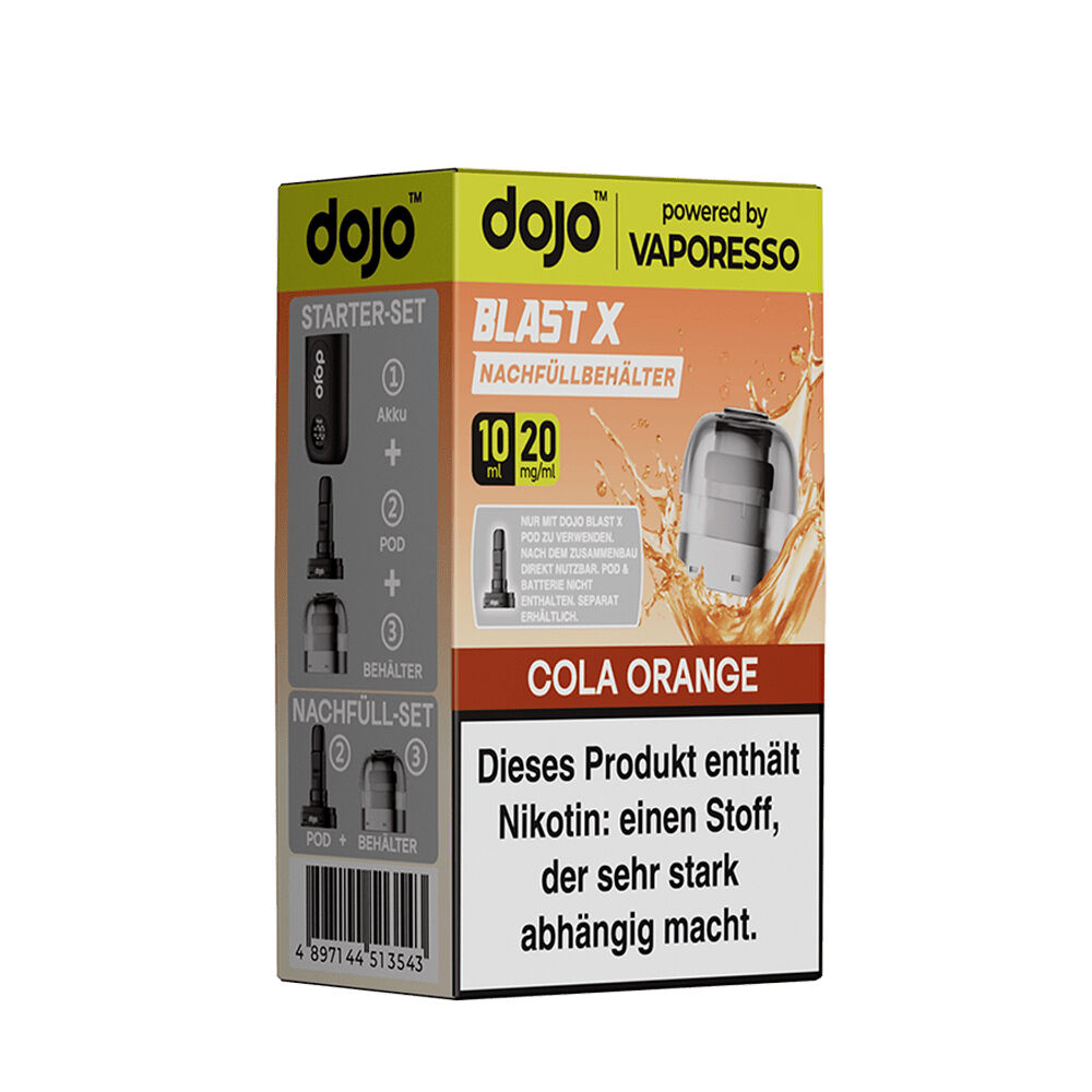 Vaporesso Dojo Blast X Pods - 20mg Nikotinsalz Vaporesso Dojo Blast X Cola Orange Pod-Nachfüllbehälter, 20mg Nikotin, sichtbare Verpackung mit Produktfotos und Warnhinweis.