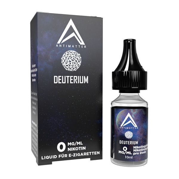 Liquid Deuterium von Antimatter Verpackung und Flasche von Antimatter Deuterium Liquid, 0mg Nikotin, für E-Zigaretten, mit Weltraum-Design und Logo.
