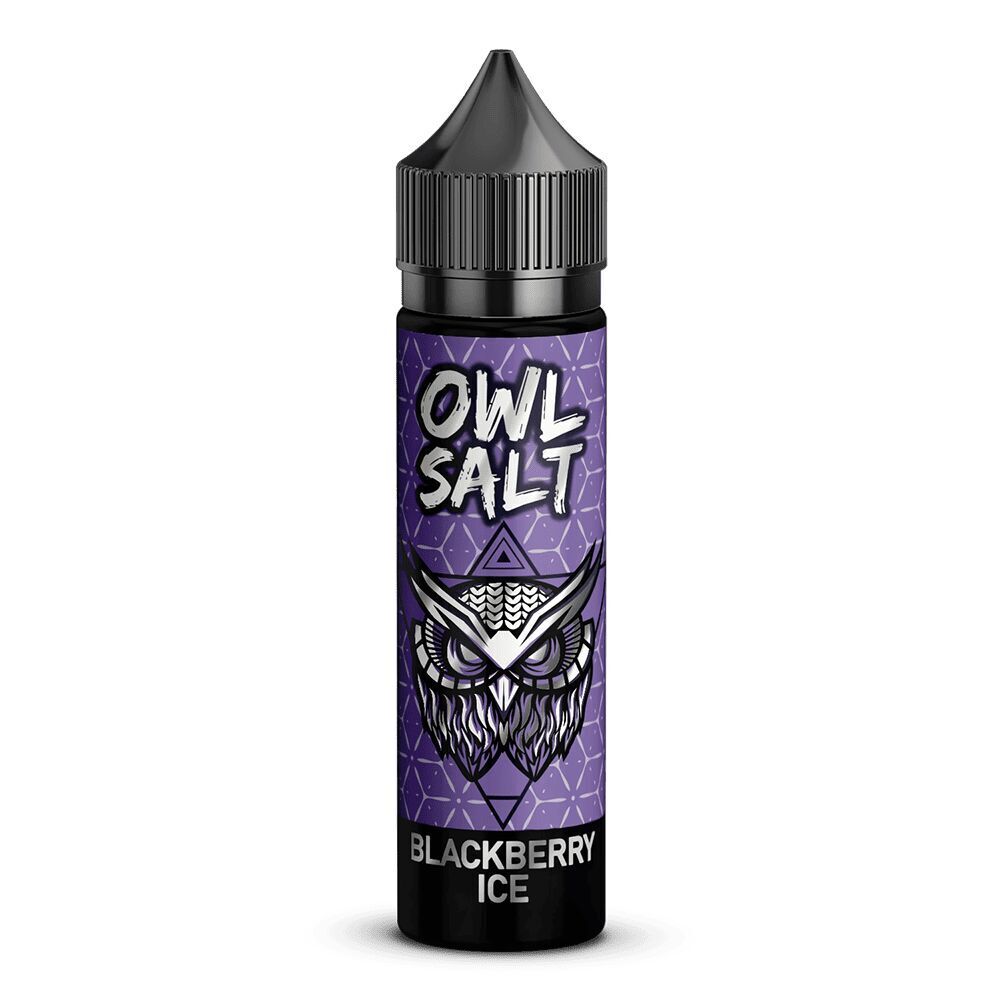 Aroma Blackberry Ice - Owl Salt Lila Flasche mit schwarzer Kappe, Aufschrift "OWL SALT" und "BLACKBERRY ICE", Eulenmotiv im Hintergrund.