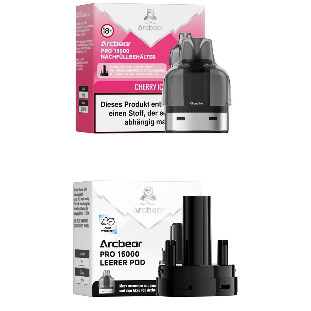 Arcbear Pro 15000 Pods - Cherry Ice 20mg Arcbear Pro 15000 Nachfüllbehälter Cherry Ice 20mg und leerer Pod, beide verpackt, auf weißem Hintergrund sichtbar.