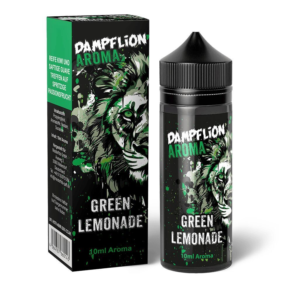 Aroma Green Lemonade - Dampflion Intense Dampflion Intense Aroma Green Lemonade Flasche und Verpackung mit grünem Löwenmotiv und Spritzern; Text: "Reife Kiwi und saftige Guave".