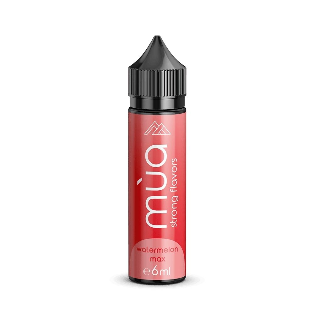 Mua Aroma - Watermelon Max Mua Aroma Watermelon Max Flasche mit schwarzem Deckel, rotes Etikett, weiße Aufschrift "strong flavors" und "e 6ml".