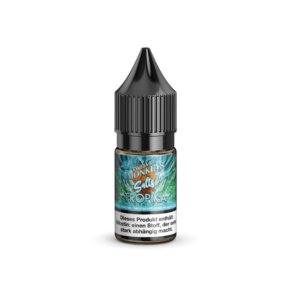 Liquid Tropika 20mg - Twelve Monkeys Flasche Twelve Monkeys Nikotinsalz Tropika, 20mg, mit blau-grünem Etikett und schwarzem Deckel, darunter Warnhinweis zu Nikotin.
