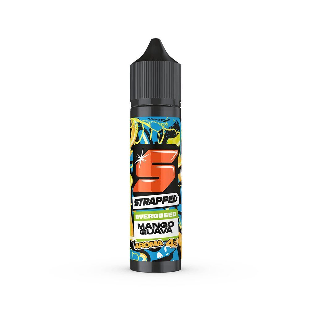 Aroma Mango Guava - Strapped Flasche Strapped Aroma Mango Guava mit buntem Etikett, schwarzem Verschluss und großen Schriftzügen "Overdosed" und "Aroma 4".