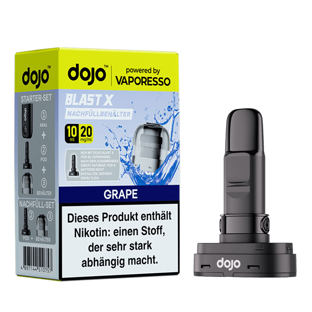 Vaporesso Dojo Blast X Pods - Grape 20mg Vaporesso Dojo Blast X Pods - Grape 20mg Verpackung mit schwarzem Nachfüllbehälter, textliche Warnung zu Nikotingehalt sichtbar