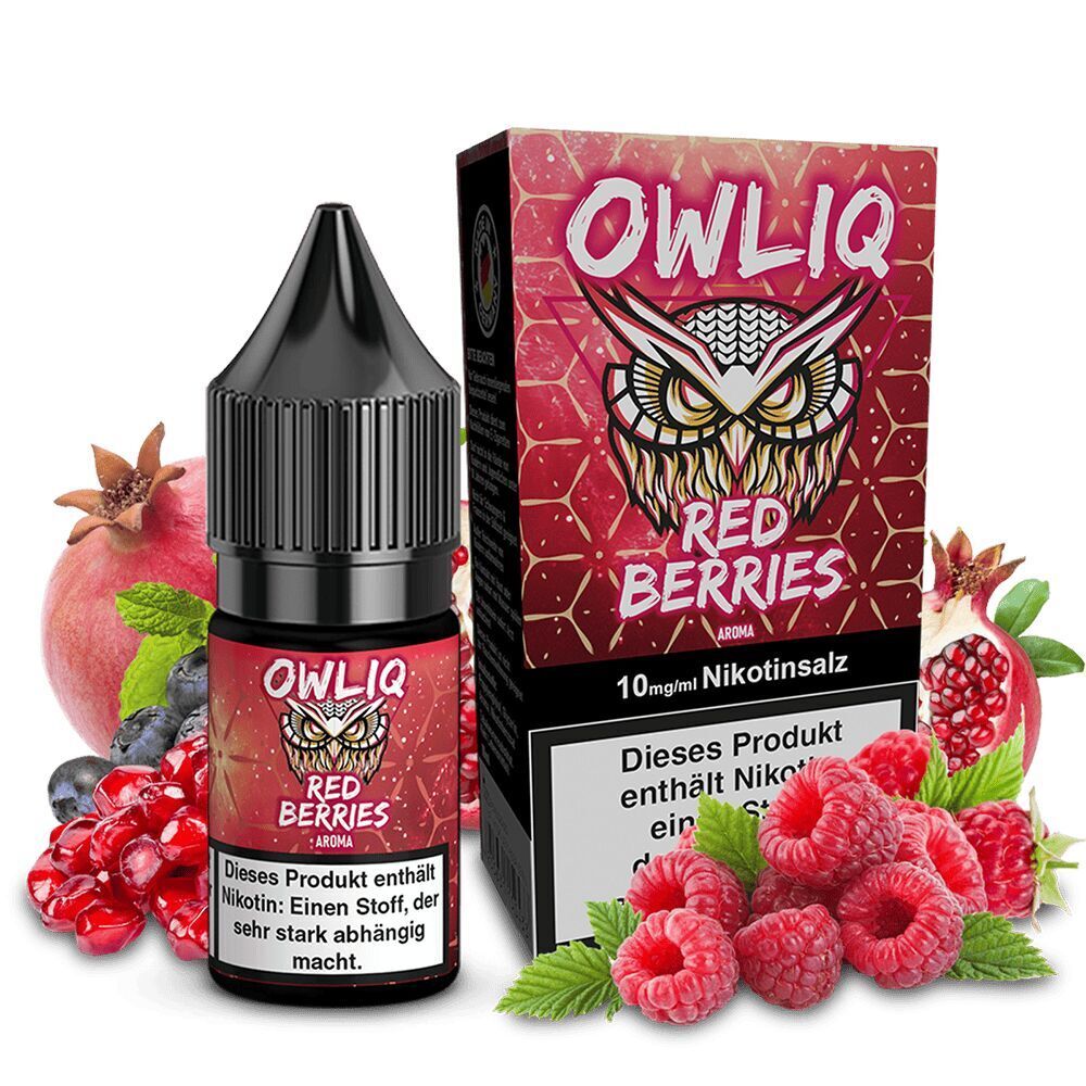 Owliq Nikotinsalz - Red Berries E-Liquid-Flasche und Verpackung von Owliq Nikotinsalz Red Berries 10mg, umgeben von Himbeeren und Granatäpfeln vor weißem Hintergrund