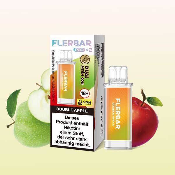 Double Apple 20mg - Flerbar Pods Flerbar Pods Double Apple 20mg in Verpackung mit grüner und roter Apfelgrafik, enthält Nikotin, 18+ Warnhinweis sichtbar.