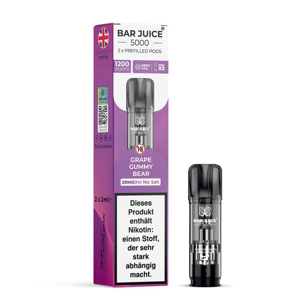 Grape Gummy Bear 20mg - Bar Juice 5000 Pods Bar Juice 5000 Pods Grape Gummy Bear zeigt eine Verpackung und eine einsteckbare Kartusche mit 20mg/ml Nikotinsalz, britische Flagge auf der Box