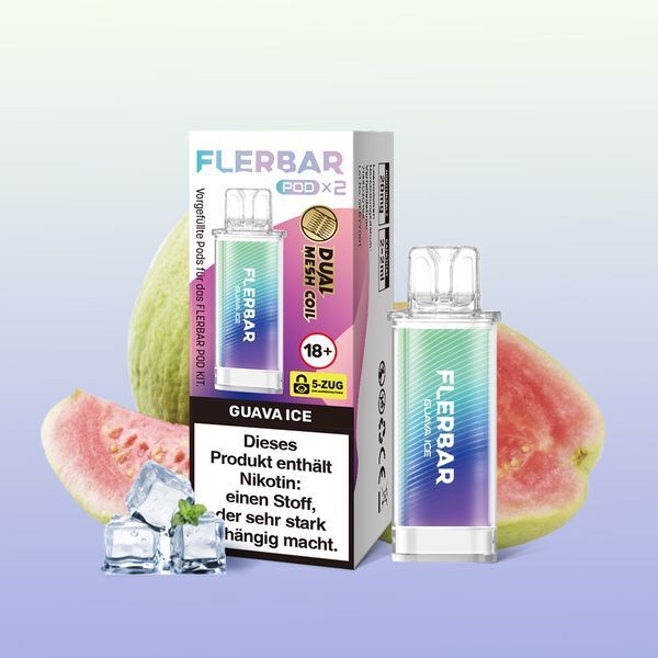 Guava Ice 20mg - Flerbar Pods Flerbar Pods Guava Ice 20mg neben Verpackung, mit frischer Guave und Eiswürfeln im Hintergrund, incl. 18+ Warnhinweis.