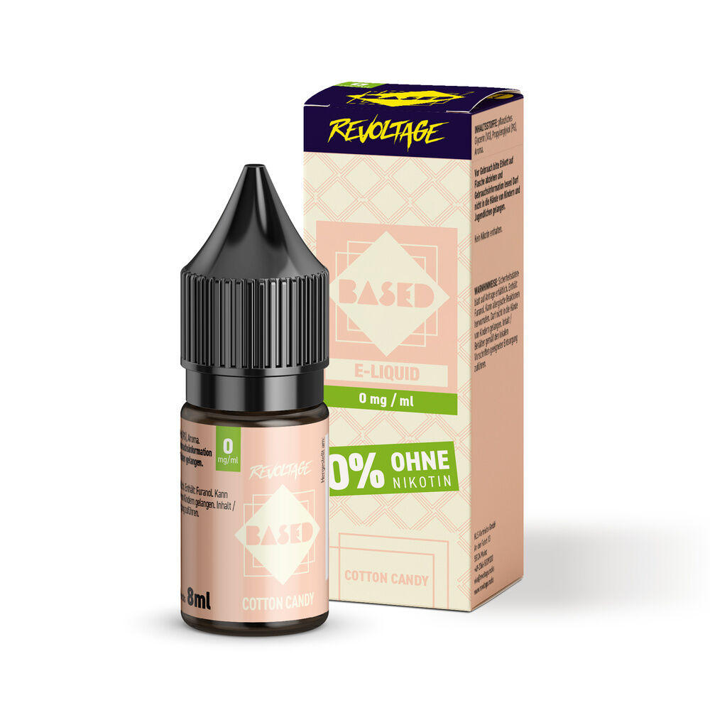 Revoltage Based Liquid Cotton Candy 0mg Flasche und Verpackung, erkennbar der Schriftzug "0% ohne Nikotin".