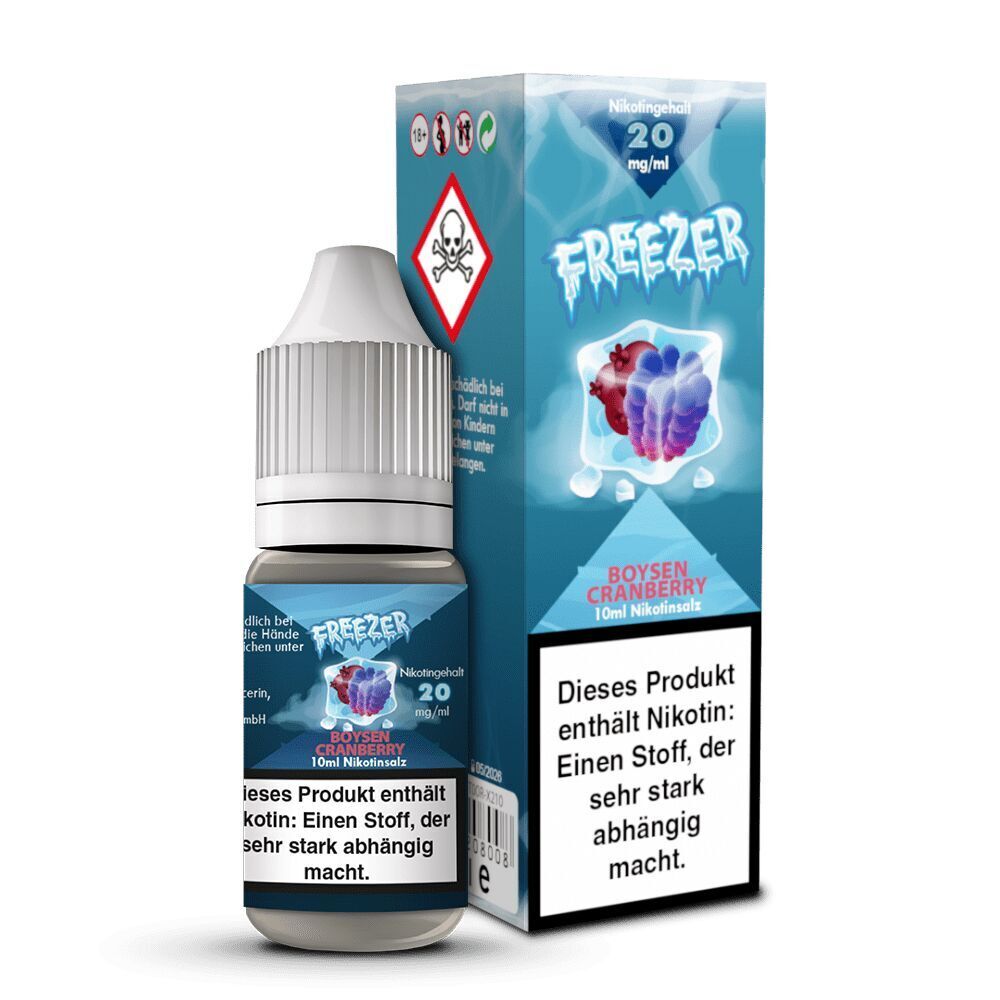 Liquid Boysen Cranberry mit 20mg Nikotin von Freezer Freezer Nikotinsalz 20 mg Boysen Cranberry Flasche und Box mit Warnhinweis, Eiswürfel-Design, blauer Hintergrund, Schädel-Symbol.