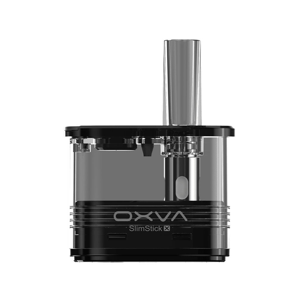 OXVA SlimStick X Pods mit Coil - 1,0 Ohm OXVA SlimStick X Pod mit Coil, 1,0 Ohm, transparent mit schwarzer Basis, sichtbare Metallkomponenten und Markenlogo vorne