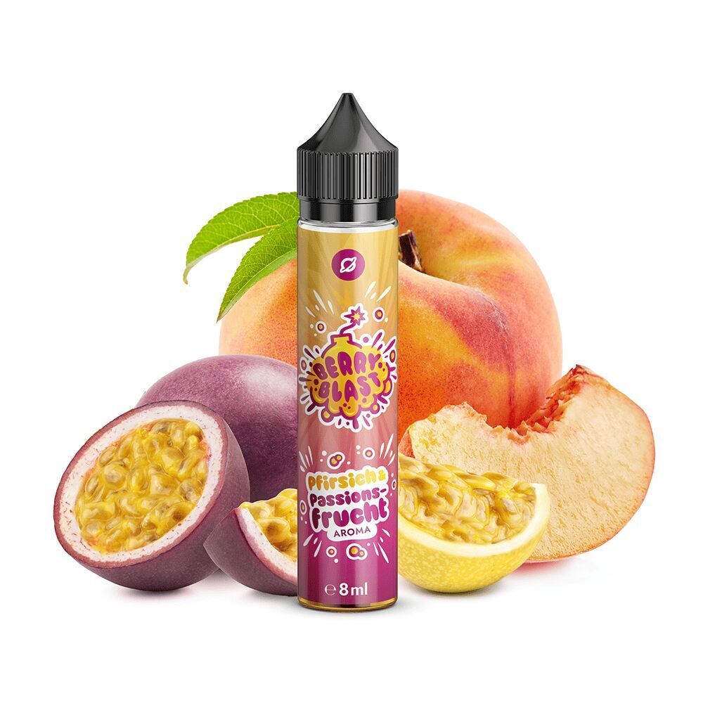 Aroma Pfirsich & Passionsfrucht von Flavorverse Flasche Flavorverse Aroma Pfirsich & Passionsfrucht vor frischen Fruchtstücken, lila und gelbe Passionfrucht und orangefarbener Pfirsich