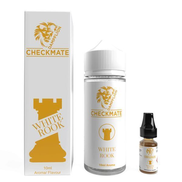 Aroma White Rook von Dampflion Checkmate Dampflion Checkmate Aroma White Rook mit 120ml Flasche und 10ml Zusatzfläschchen, Schachmotiv auf weißem Hintergrund.