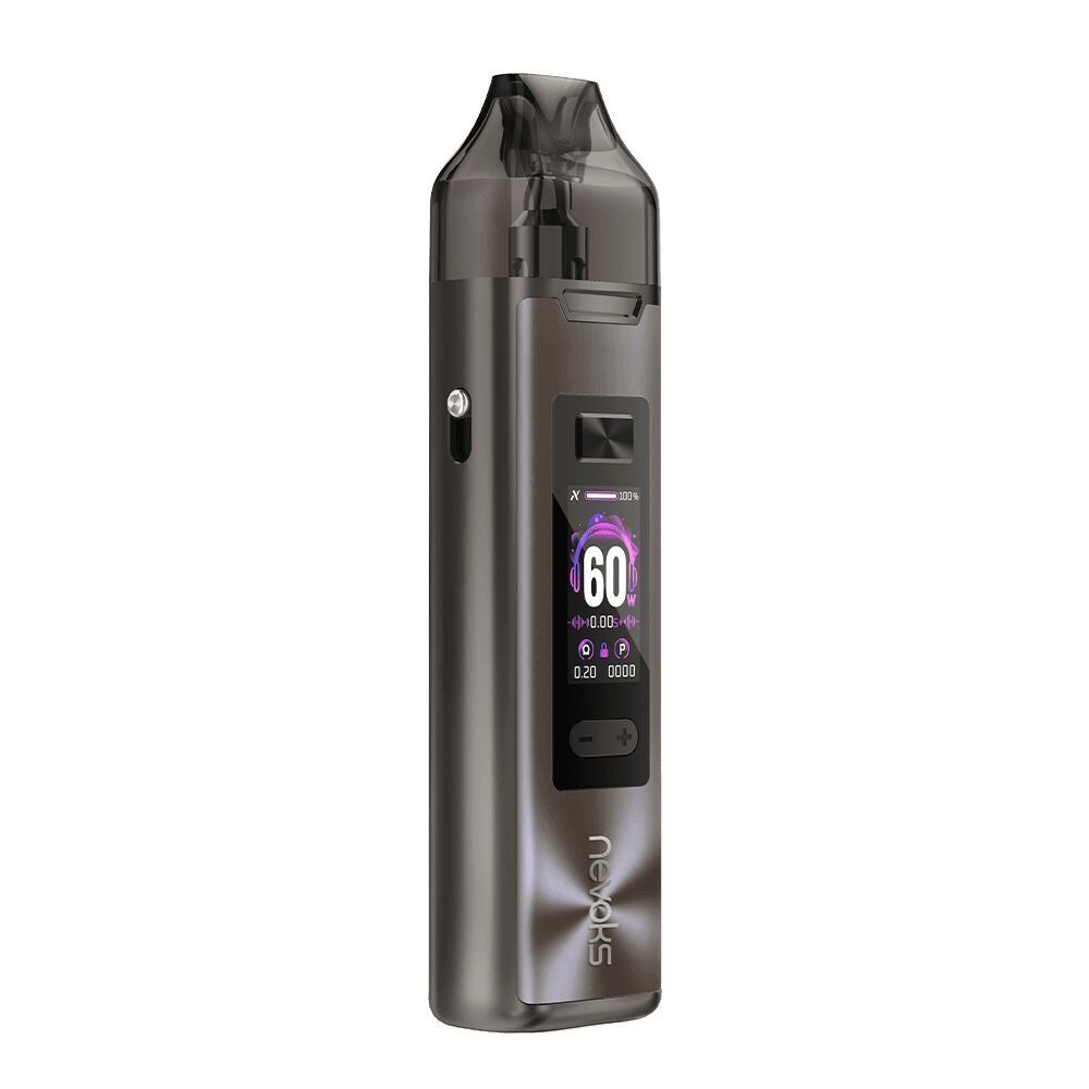 Nevoks Feelin XR Pro Pod Kit in der Farbe Noble Brown Nevoks Feelin XR Pro Pod Kit in edlem Braun, mit digitalem Display zeigt „60“ in Mittelposition, seitlicher Knopf und Anzeige von Logos und Icons.