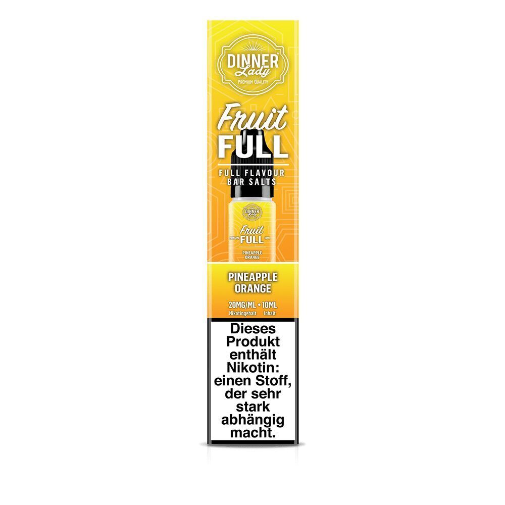 Dinner Lady Fruit Full Nikotinsalz - Pineapple Orange 20mg in gelber Verpackung, Nikotinhinweis im unteren Bereich, 20mg/ml Nikotingehalt.