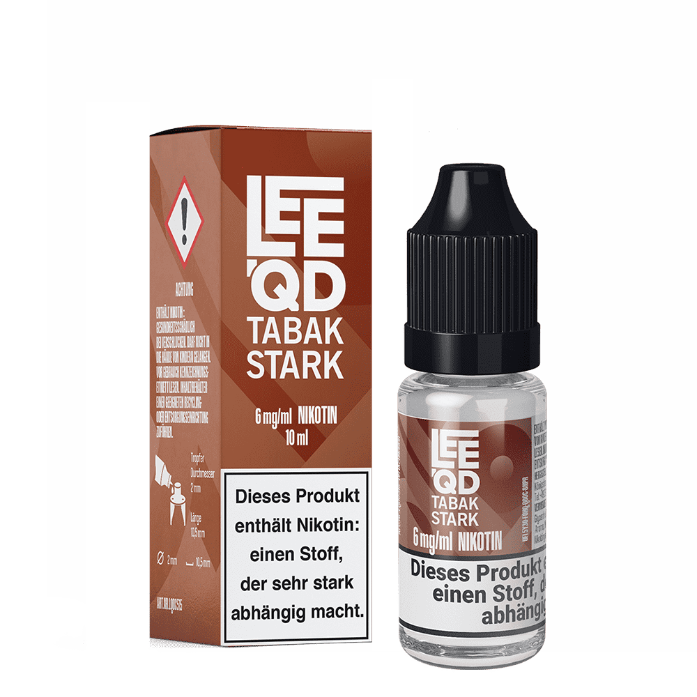 Flasche und Verpackung von Leeqd Liquid - Tabak stark 6mg, mit Nikotin-Warnhinweis, 10ml Inhalt, auf braunem Hintergrund.