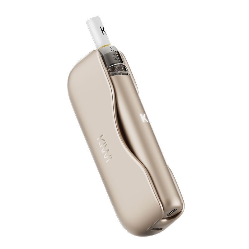Kiwi 2 Pod Kit in Gold Rose, elegantes Design, hervorstehende Mundstück und feines Branding, glatte Oberfläche.