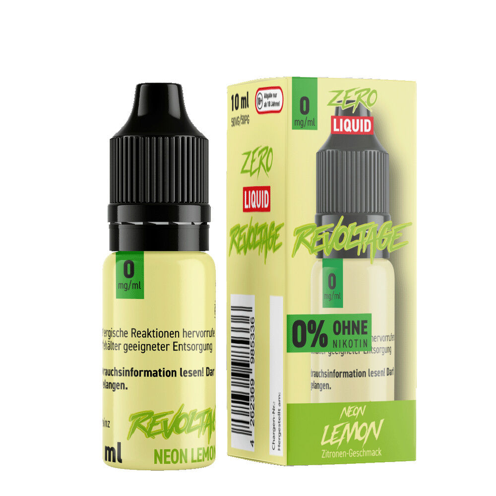 Revoltage Hybrid Liquid - Neon Lemon Flasche und Verpackung von Revoltage Hybrid Liquid Neon Lemon 0mg, Zitronengeschmack, ohne Nikotin, auf hellgelbem Hintergrund.