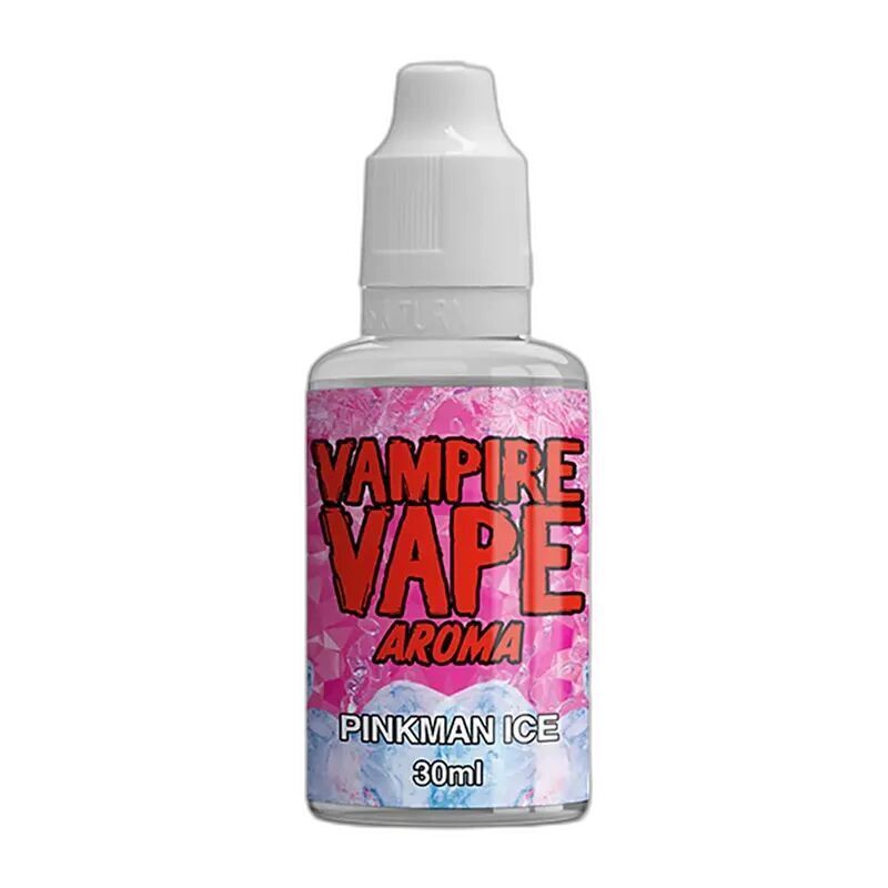 Vampire Vape Aroma - Pinkman on Ice 30ml Vampire Vape Aroma Pinkman Ice 30ml Flasche mit rotem und schwarzem Schriftzug, Eiskristall-Design im Hintergrund, weißer Verschluss.