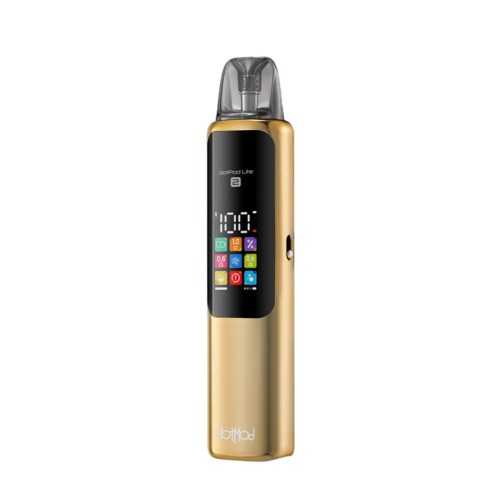 Dotmod dotPod Lite 2 Pod Kit Goldenes Dotmod dotPod Lite 2 Pod Kit mit transparentem Mundstück, Farbdisplay und sichtbarem Logo.