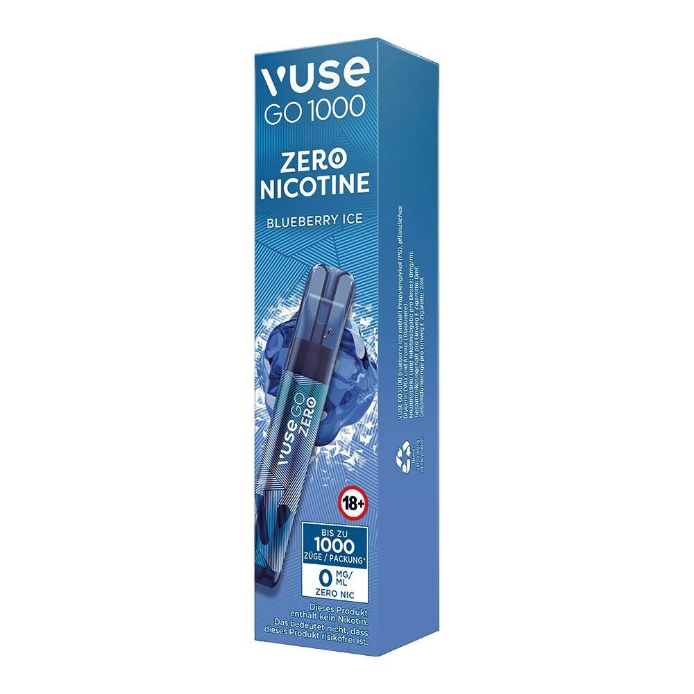 Blueberry Ice 0mg - Vuse GO 1000 Einweg Vuse GO 1000 Verpackung zeigt das Produkt Blueberry Ice mit der Aufschrift Zero Nicotine, bis zu 1000 Züge, 0 ml, 18+ Symbol.