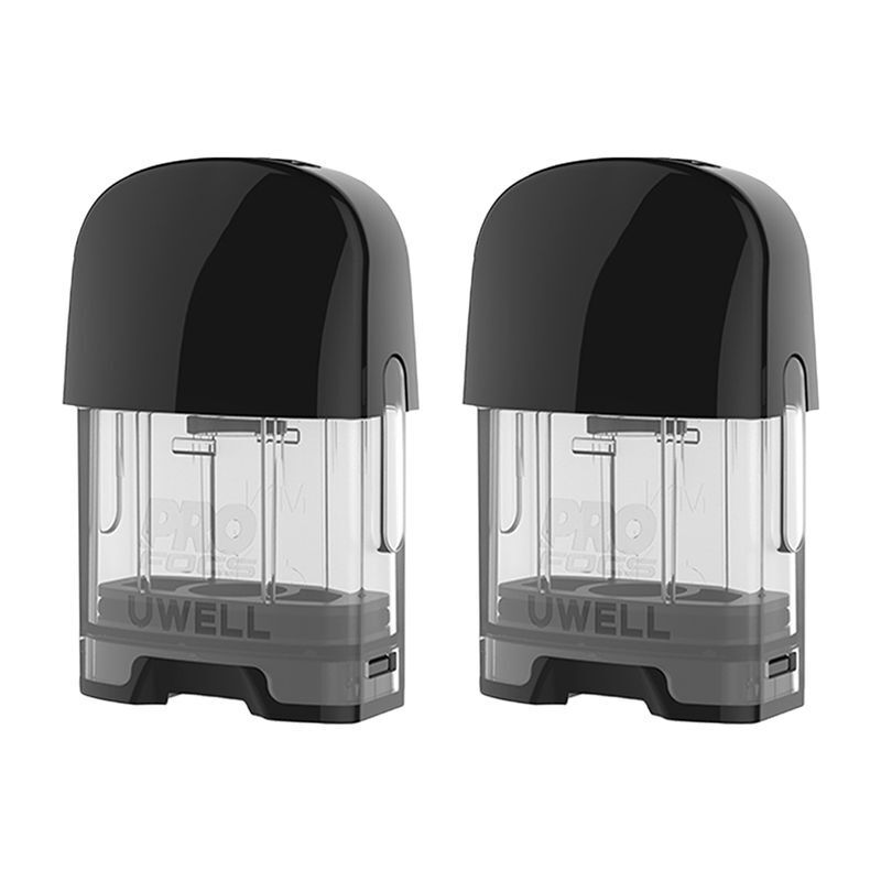 Uwell Caliburn G Pods Zwei Uwell Caliburn G Pods mit transparentem Gehäuse, schwarzem Mundstück, sichtbarer Füllstandsanzeige und Uwell-Logo.