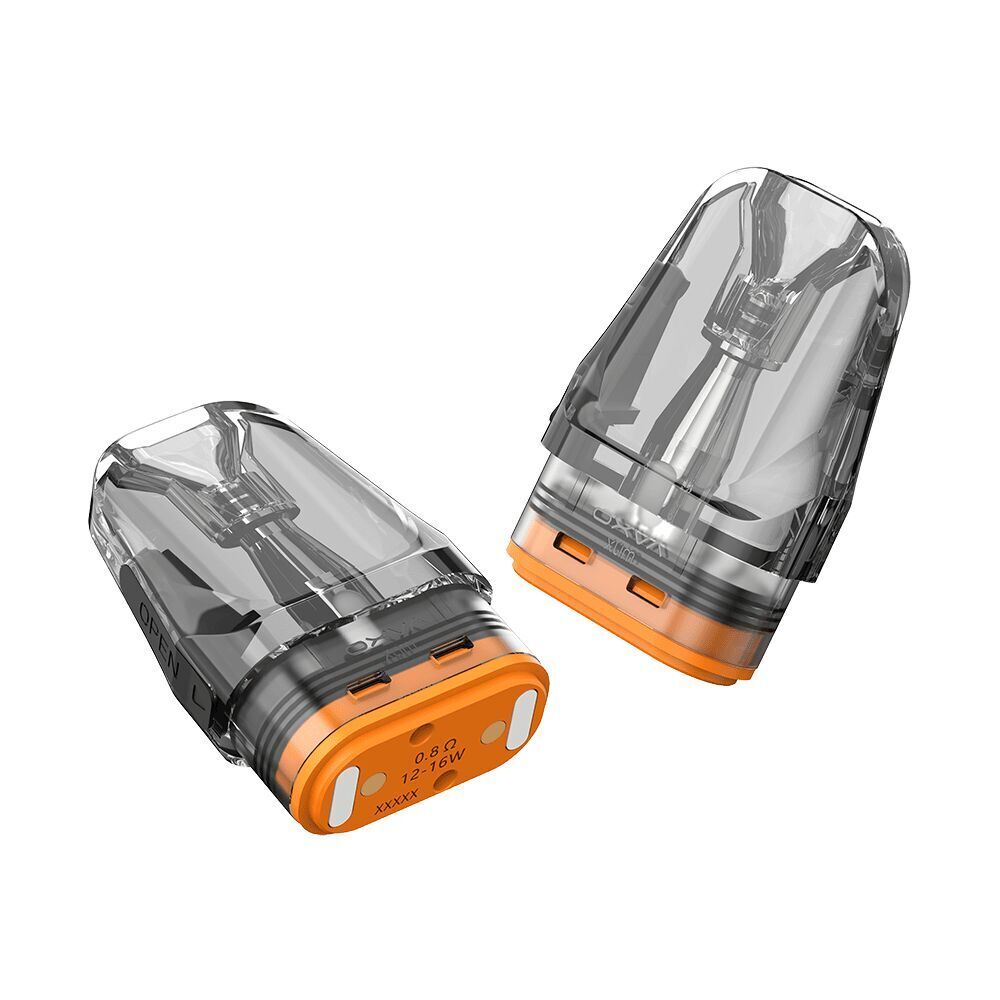 Oxva Xlim Pro Pods mit Coil - 3ml - 0,8 Ohm Zwei transparente Oxva Xlim Pro Pods mit orangefarbener Basis, 0,8 Ohm und 12-16W Anzeige, auf weißem Hintergrund.