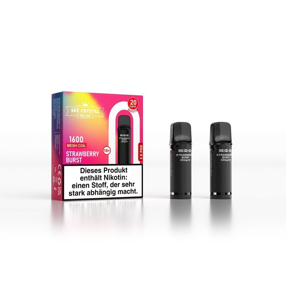 SKE Crystal 800 Pro Pods - Strawberry Burst Verpackung der SKE Crystal Pro Pods mit zwei schwarzen Pods, 1600 Mesh Coil, Geschmacksrichtung Strawberry Burst, 20mg Nikotinwarnung.